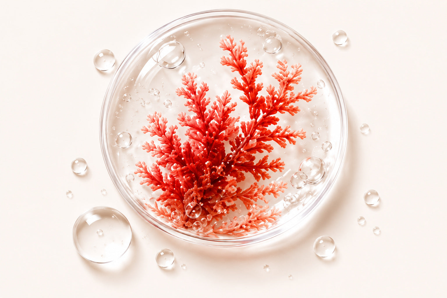Astaxanthin rich red algae suspended in a skincare serum